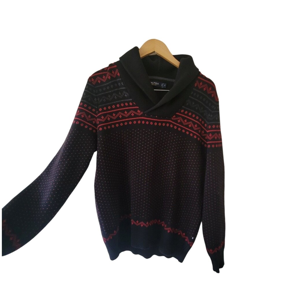 NAUTICA Sweater Shawl Collar Fair Isle Nordic MEDIUM Black/Red/Gray